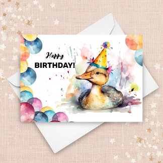 Cute Baby Duck Balloons and Party Hat Birthday Card