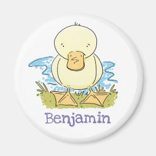 Cute baby duck by pond cartoon illustration magnet