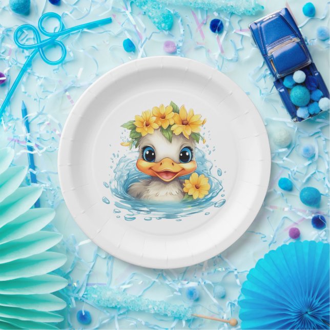 Cute Baby Duck Ducklings Fun animals flowers Paper Plate (Party)