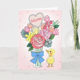 Cute Baby Duck with Pretty Flowers Mothers day Card
