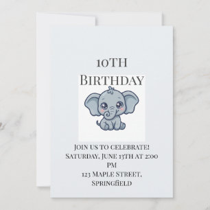 Cute Baby Elephant 10th Birthday Invitation