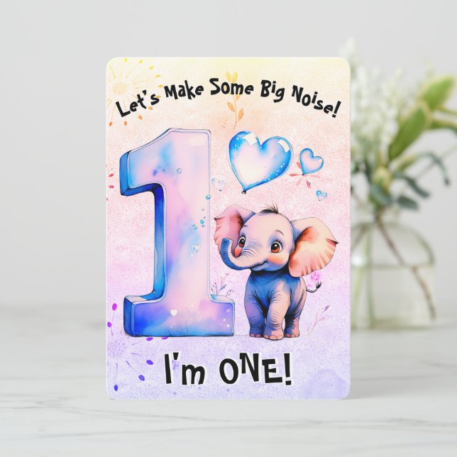 Cute Baby Elephant 1st Birthday Girls Pink Hearts Invitation (Standing Front)
