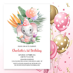 Cute Baby Elephant 1st Birthday Party Invitation