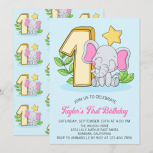Cute Baby Elephant 1st Birthday Party Invitation