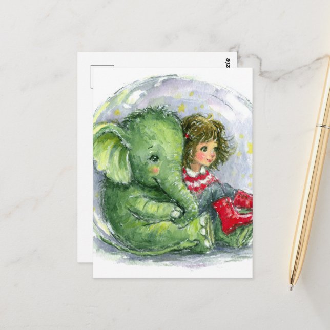 Cute Baby Elephant and a Girl Postcard (Front/Back In Situ)