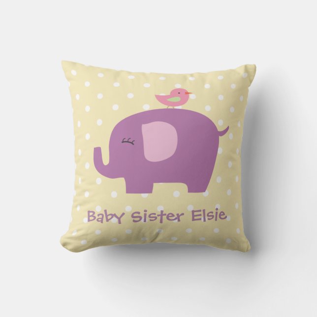 Cute Baby Elephant and Bird Personalised Pillow (Front)