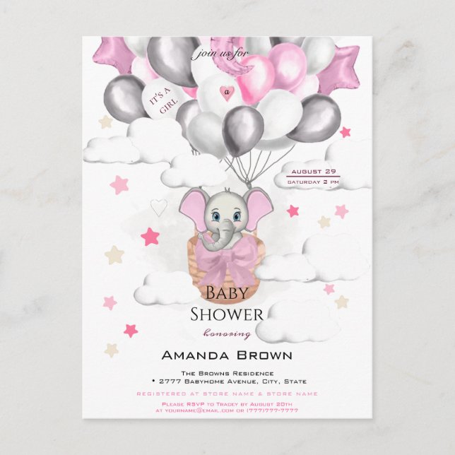 Cute Baby Elephant Balloon Basket Girl Baby Shower Invitation Postcard (Front)