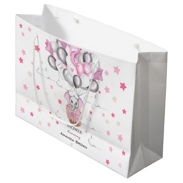 Cute Baby Elephant Balloon Basket Girl Baby Shower Large Gift Bag (Front Angled)