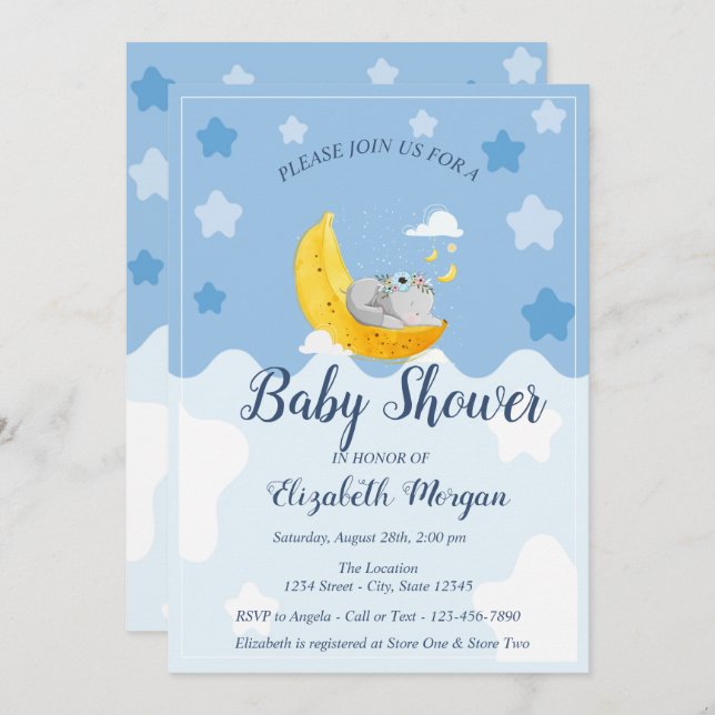 Cute Baby Elephant, Banana Moon Invitation (Front/Back)