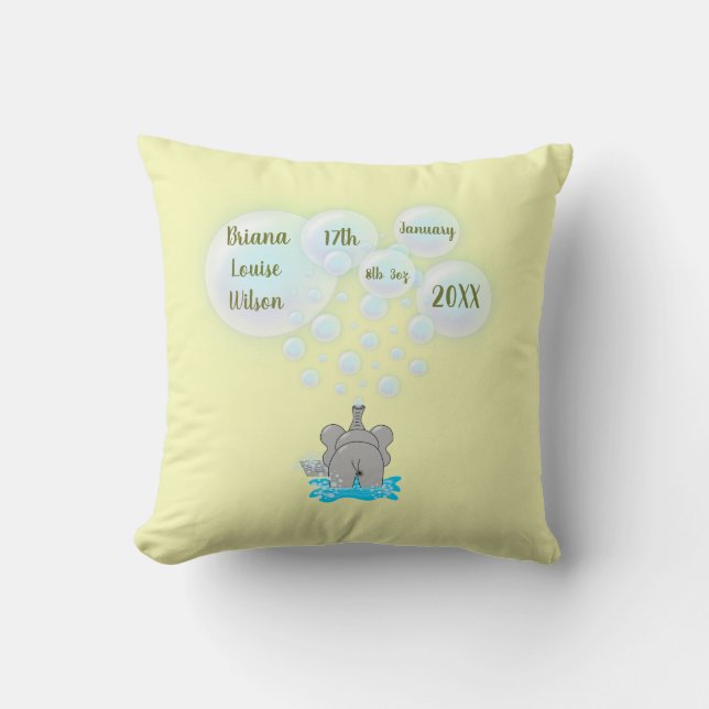 Cute Baby Elephant Blowing Bubbles Monogrammed Cushion (Front)
