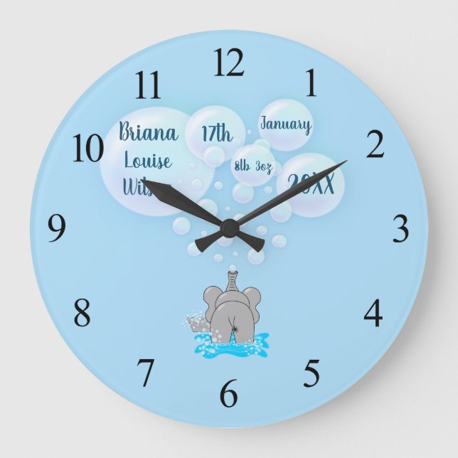 Cute Baby Elephant Blowing Bubbles Monogrammed Large Clock (Front)