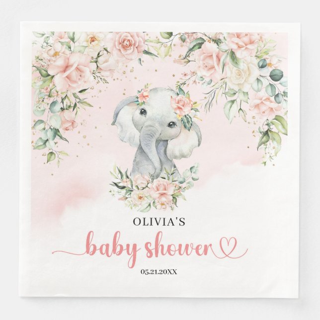 Cute baby elephant blush flowers gold girl napkin (Front)