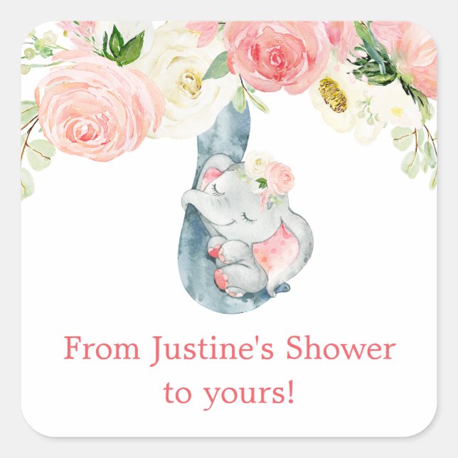 Cute baby elephant blush pink floral baby shower square sticker (Front)