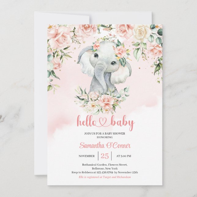 Cute baby elephant blush pink flowers gold girl invitation (Front)