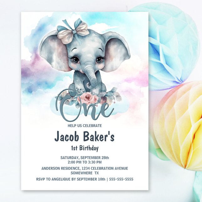 Cute Baby Elephant Boy 1st Birthday Party Invitation (Creator Uploaded)