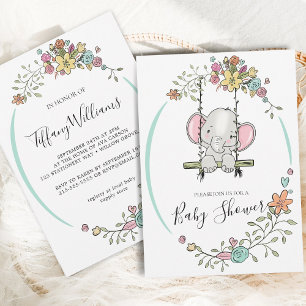 Cute Baby Elephant Boy Floral Swing Baby Shower Invitation