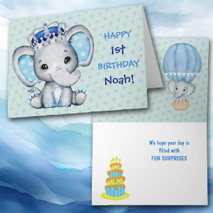 Cute Baby Elephant Boy Prince Birthday Card