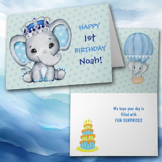 Cute Baby Elephant Boy Prince Birthday Card (Creator Uploaded)