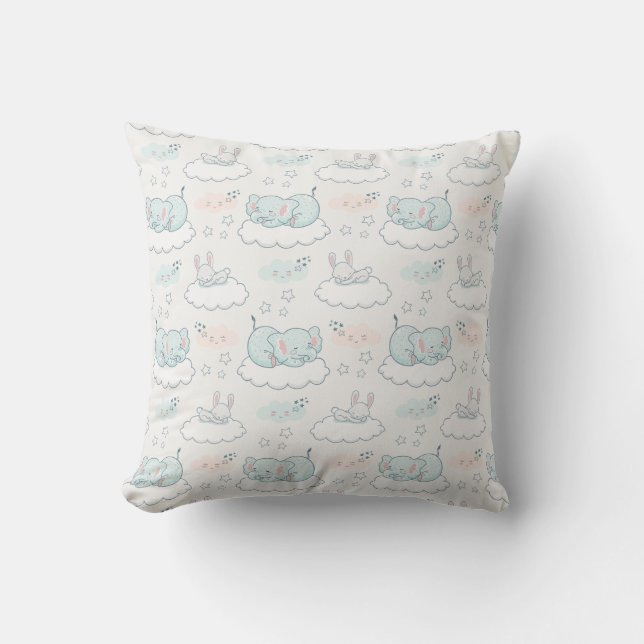 Cute Baby Elephant & Bunny Animal Pattern  Cushion (Front)