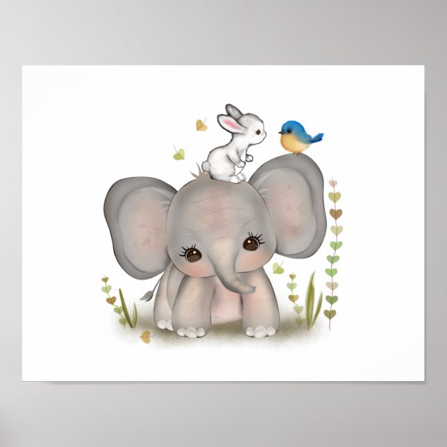 Cute Baby Elephant Bunny Poster Print (Front)