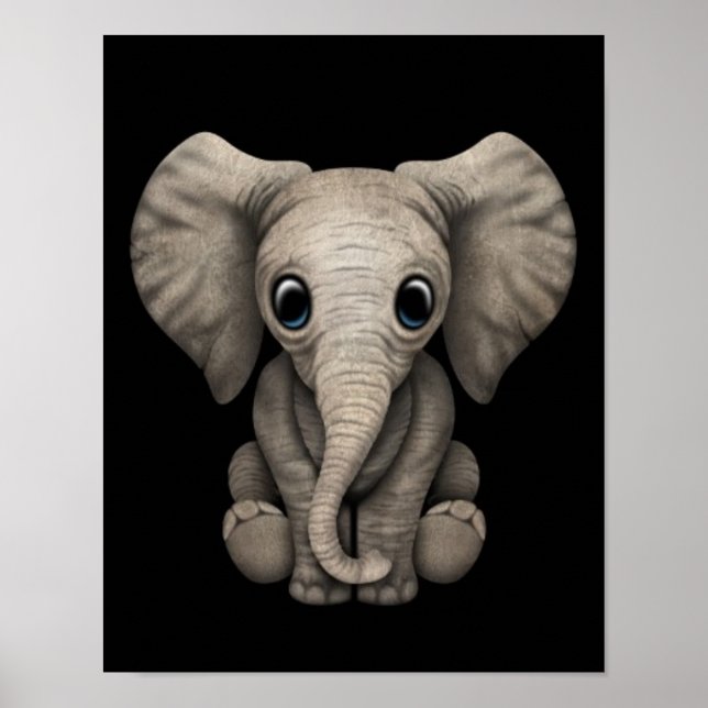 Cute Baby Elephant Calf Sitting Down, Black Poster (Front)