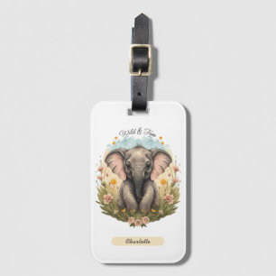 Cute Baby Elephant Calf Wildflower Wanderlust Luggage Tag