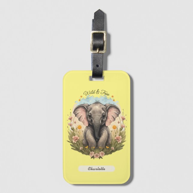 Cute Baby Elephant Calf Wildflower Wanderlust  Luggage Tag (Front Vertical)