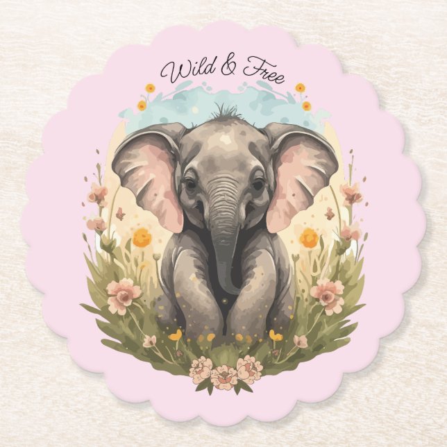 Cute Baby Elephant Calf Wildflower Wanderlust Paper Coaster (Front)