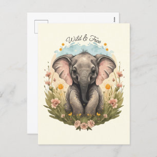 Cute Baby Elephant Calf Wildflower Wanderlust Post Holiday Postcard