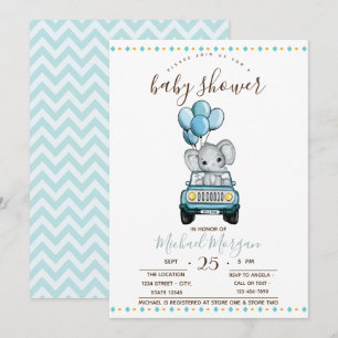 Cute Baby Elephant Car,Zigzag Baby Shower  Invitation