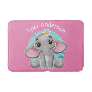 Cute Baby Elephant, DIY Name, Pink Bath Mat
