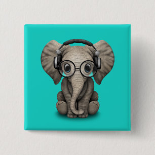 Cute Baby Elephant Dj Wearing Headphones and Glass 15 Cm Square Badge