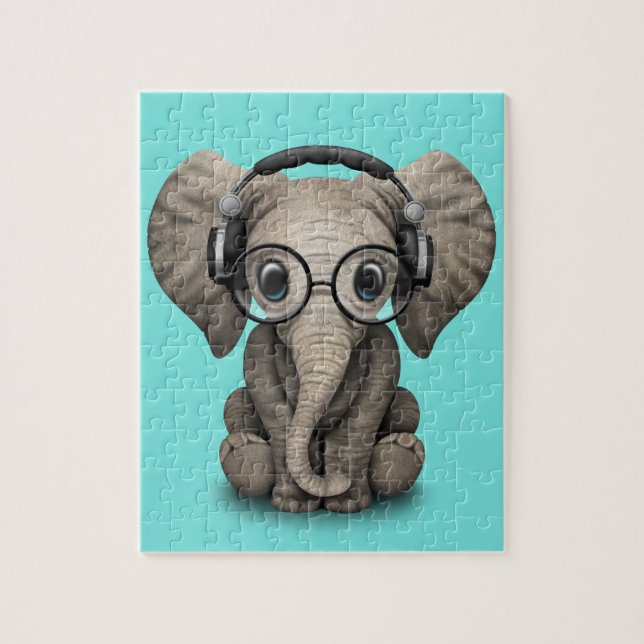 Cute Baby Elephant Dj Wearing Headphones and Glass Jigsaw Puzzle (Vertical)