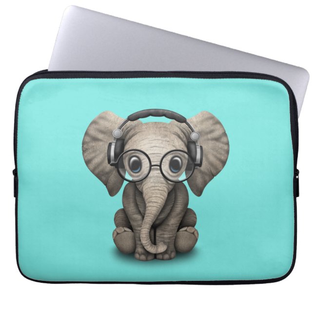Cute Baby Elephant Dj Wearing Headphones and Glass Laptop Sleeve (Front)