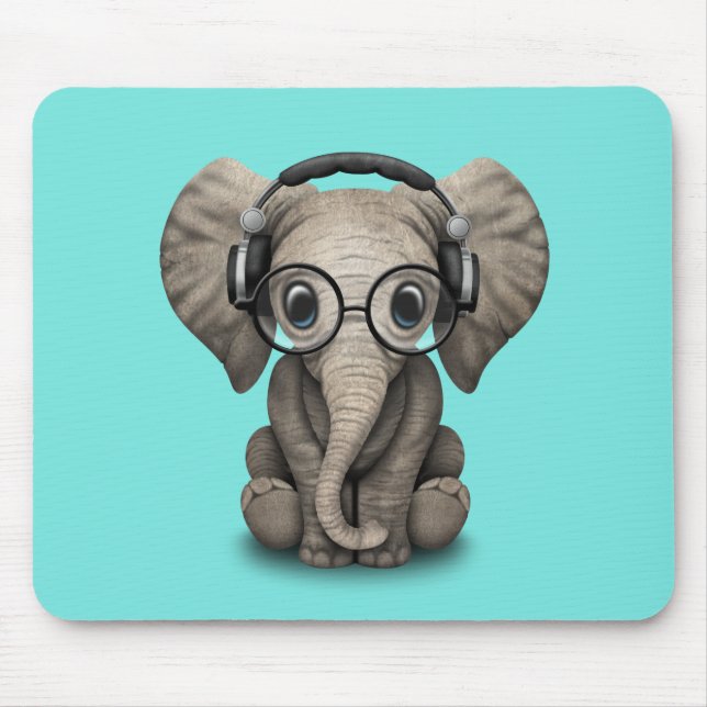 Cute Baby Elephant Dj Wearing Headphones and Glass Mouse Pad (Front)