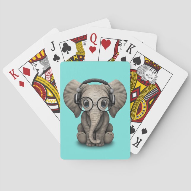Cute Baby Elephant Dj Wearing Headphones and Glass Playing Cards (Back)