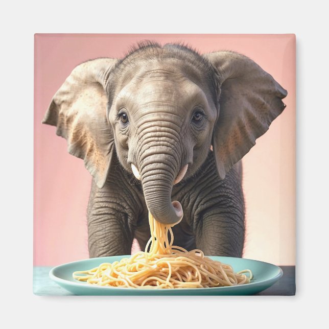 Cute Baby Elephant Eating Spaghetti Magnet (Front)