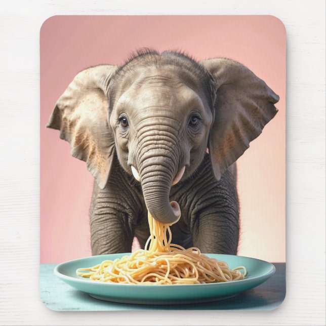 Cute Baby Elephant Eating Spaghetti Mouse Pad (Front)