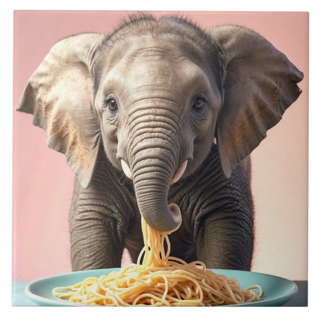 Cute Baby Elephant Eating Spaghetti Tile (Front)
