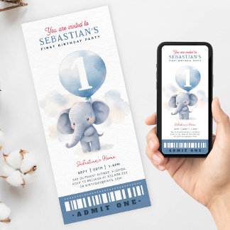Cute baby elephant First Birthday Ticket Invitation