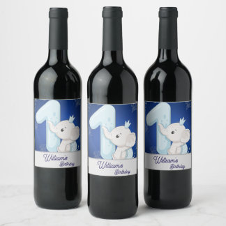 Cute Baby Elephant First Birthday Wine Label