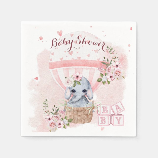Cute Baby Elephant Floral Pink Baby Shower Napkin (Front)