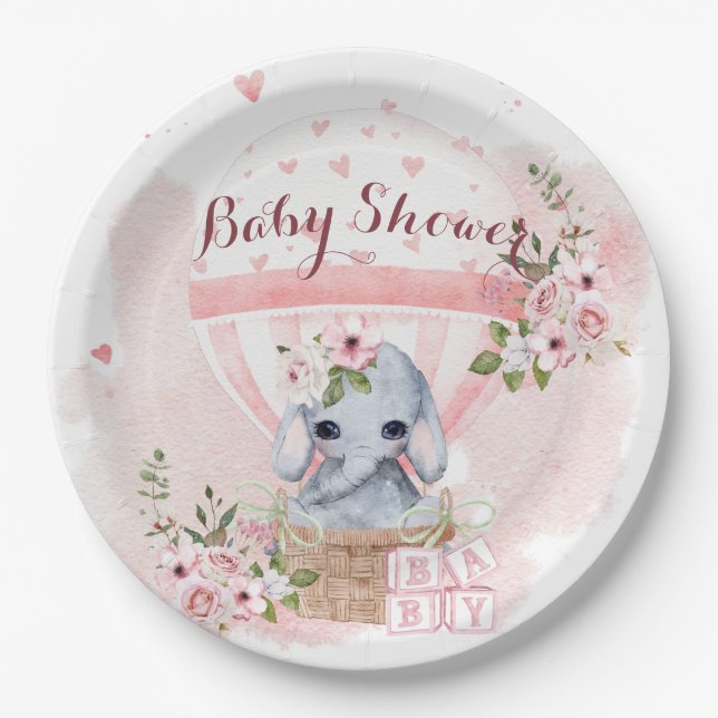 Cute Baby Elephant Floral Pink Baby Shower  Paper Plate (Front)