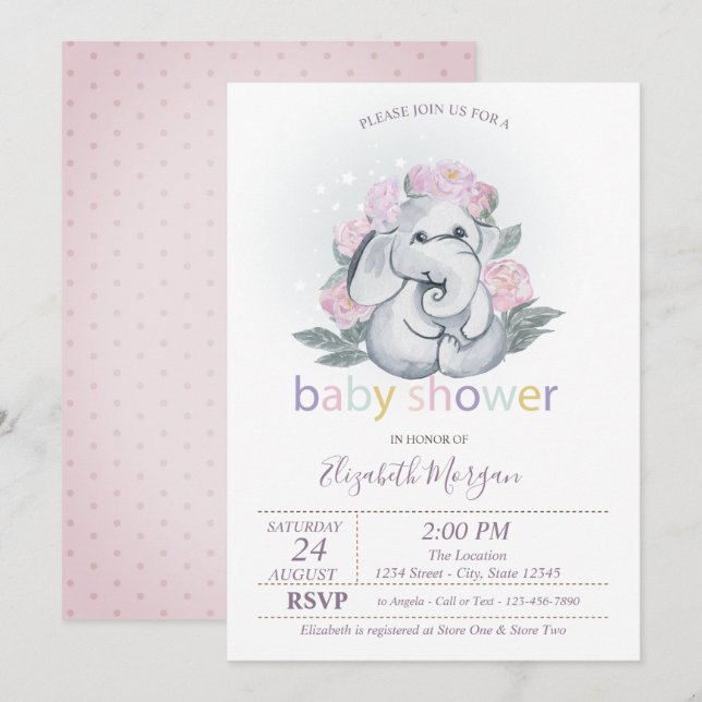Cute Baby Elephant Flowers Polka Dots Baby Shower  Invitation (Front/Back)