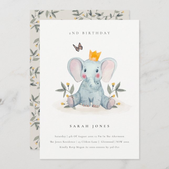 Cute Baby Elephant Foliage Any Age Birthday Invite (Front/Back)