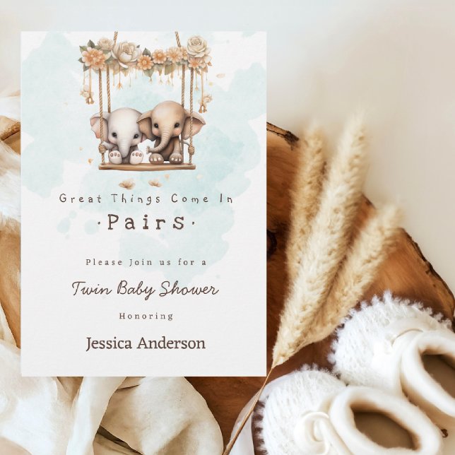 Cute Baby Elephant Gender Neutral Twin Baby Shower Invitation (Creator Uploaded)