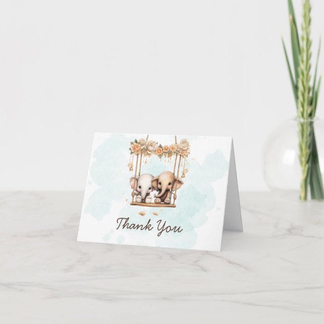 Cute Baby Elephant Gender Neutral Twin Baby Shower Thank You Card (Front)