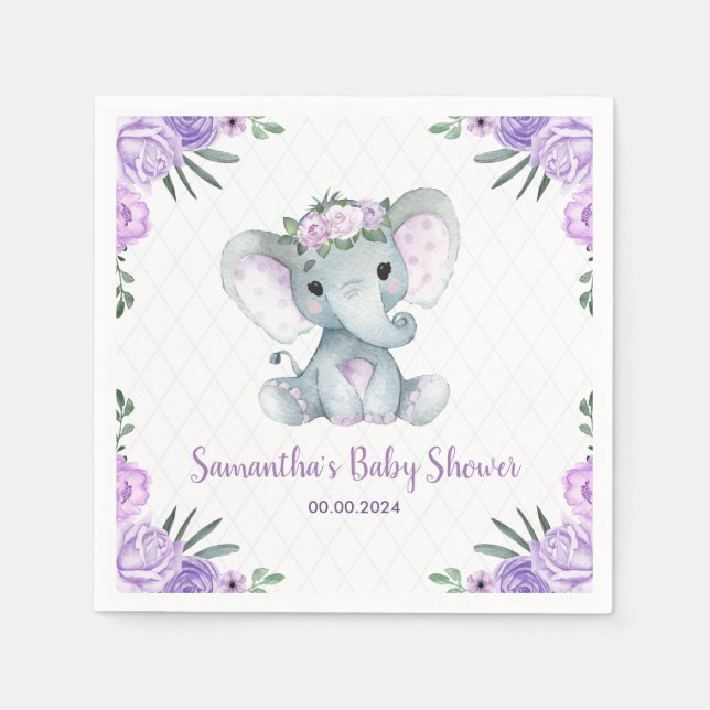 Cute Baby Elephant Girl Purple Floral Paper Napkin (Front)