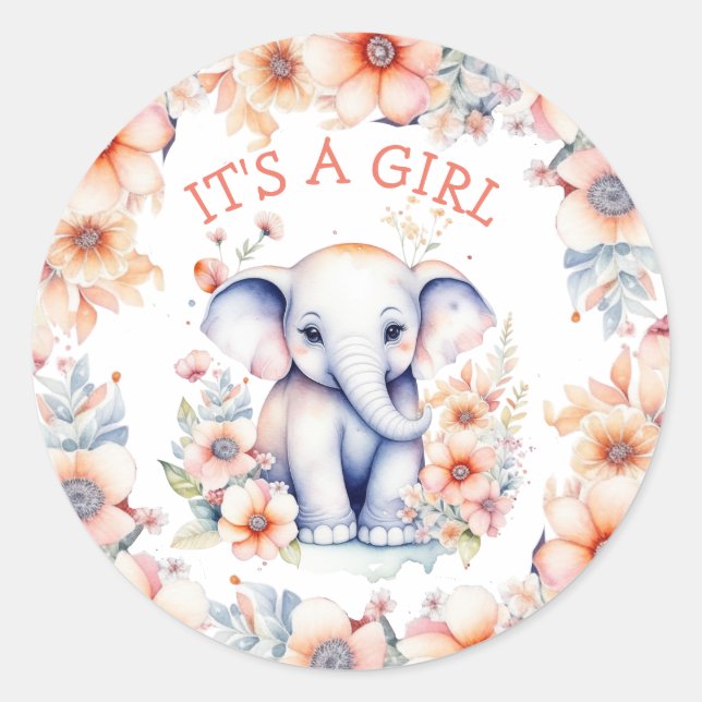 Cute Baby Elephant Girl's Baby Shower  Classic Round Sticker (Front)