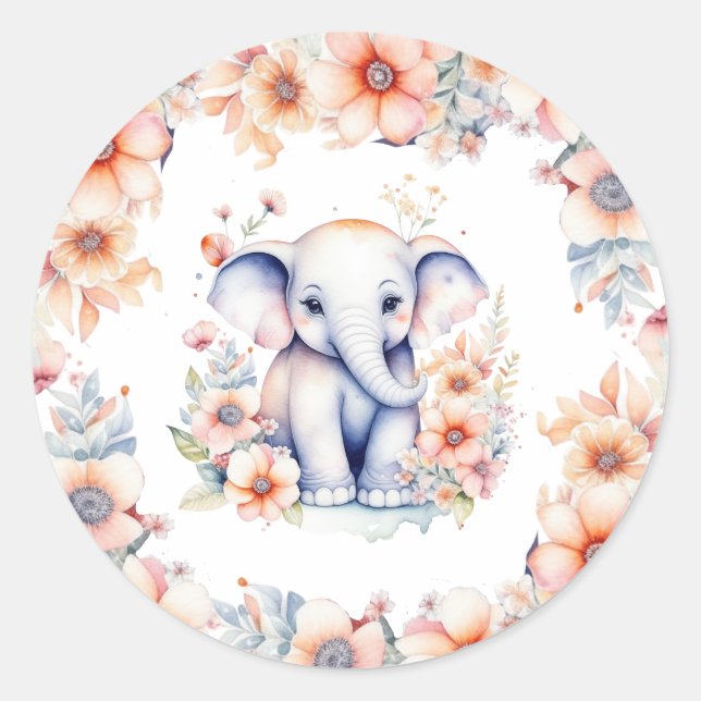 Cute Baby Elephant Girl's Baby Shower  Classic Round Sticker (Front)